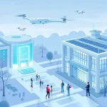 A modern, sleek illustration of a futuristic university campus with advanced technology: glowing holographic displays, autonomous drones, solar-panel-covered buildings, and students interacting with AR interfaces, all in a clean, high-tech aesthetic with soft blue and silver lighting, no text or labels visible