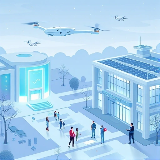A modern, sleek illustration of a futuristic university campus with advanced technology: glowing holographic displays, autonomous drones, solar-panel-covered buildings, and students interacting with AR interfaces, all in a clean, high-tech aesthetic with soft blue and silver lighting, no text or labels visible