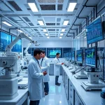A modern scientific laboratory with researchers in white coats working on advanced technology, including holographic displays, robotic arms, and digital screens showing data graphs, symbolizing innovation and academic excellence at TuVPoliteh, clean and professional atmosphere, soft natural lighting, high detail