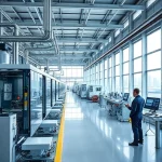 A modern industrial enterprise with sleek, high-tech machinery, automated production lines, digital control panels, and engineers in professional attire monitoring systems, set in a bright, spacious factory with large windows showing a city skyline, conveying innovation and efficiency