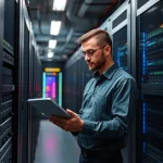 A professional technical support engineer in a modern server room, checking equipment with a tablet, surrounded by racks of servers and networking gear, soft ambient lighting, clean and organized environment, focus on technology and maintenance