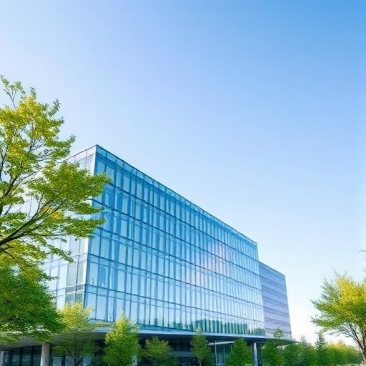 A modern university campus building with sleek glass architecture, surrounded by green trees and a clear blue sky, symbolizing innovation and education, in a clean, minimalist, high-quality visual style