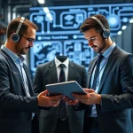 A modern technical support scene featuring engineers in business attire reviewing schematics on digital tablets, with a subtle background of industrial equipment and network diagrams, conveying professionalism and technical expertise