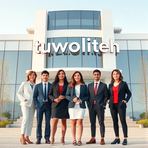 A modern, professional illustration of a diverse group of young adults in business attire standing confidently in front of a sleek university building with the text 'tuvpoliteh' subtly integrated into the architecture, symbolizing education as a key to career success; soft natural lighting, clean lines, minimalist design, high detail, no visible text or letters in the image