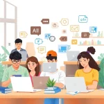 A modern educational illustration showing a diverse group of students engaged in online learning, with laptops, books, and digital icons representing various academic subjects like engineering, programming, and design, set in a bright, clean classroom or home study environment, conveying motivation and accessibility of top courses