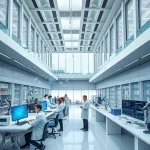 A modern research and development facility with sleek architecture, scientists in lab coats collaborating at high-tech workstations, holographic data displays floating in the air, advanced robotics and engineering prototypes visible, bright natural light through large windows, symbolizing innovation and academic excellence