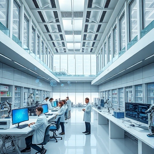 A modern research and development facility with sleek architecture, scientists in lab coats collaborating at high-tech workstations, holographic data displays floating in the air, advanced robotics and engineering prototypes visible, bright natural light through large windows, symbolizing innovation and academic excellence
