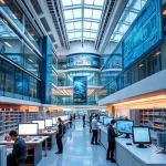 A modern university campus with futuristic architecture, students collaborating in high-tech labs, digital screens displaying engineering schematics, and a banner in Russian reading 'tuvpoliteh: новые возможности и горизонты' subtly integrated into the scene, all in a clean, high-detail smallHQ style