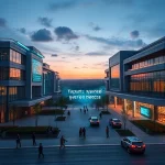 A futuristic university campus with sleek modern architecture, glowing digital interfaces on buildings, students using augmented reality devices, autonomous vehicles moving quietly, solar panels integrated into structures, and a holographic display showing the text 'tuvpoliteh: будущее уже здесь' in elegant Cyrillic and Latin script, all under a twilight sky with soft neon accents