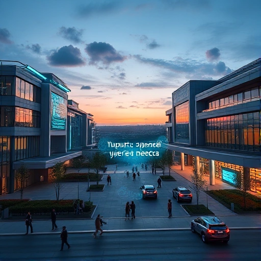 A futuristic university campus with sleek modern architecture, glowing digital interfaces on buildings, students using augmented reality devices, autonomous vehicles moving quietly, solar panels integrated into structures, and a holographic display showing the text 'tuvpoliteh: будущее уже здесь' in elegant Cyrillic and Latin script, all under a twilight sky with soft neon accents