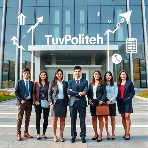 A professional and inspiring image showing a diverse group of young adults in modern business attire, standing confidently in front of a sleek university building with 'TuvPoliteh' subtly visible on the facade, surrounded by symbols of career growth such as upward arrows, briefcases, laptops, and networking icons, all in a clean, high-quality, realistic style with soft natural lighting