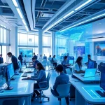 A modern, innovative tech hub interior with futuristic design elements, young diverse engineers collaborating at sleek workstations, holographic displays showing data flows and blueprints, soft ambient lighting with blue and white accents, minimalist architecture, high-tech atmosphere, no text or signage visible