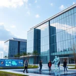 A futuristic university campus with modern glass buildings, solar panels, and students collaborating on holographic displays and robotics projects, symbolizing new technologies and innovations in education