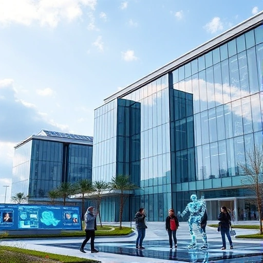 A futuristic university campus with modern glass buildings, solar panels, and students collaborating on holographic displays and robotics projects, symbolizing new technologies and innovations in education