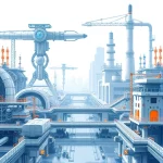 A futuristic engineering showcase featuring advanced machinery, sleek robots, and innovative infrastructure like smart bridges and energy-efficient factories, all rendered in a clean, high-detail style with soft lighting and modern aesthetics
