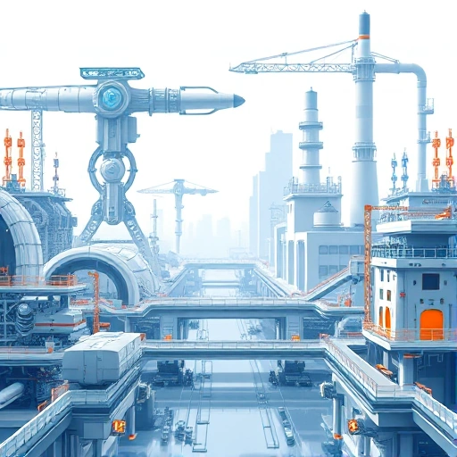 A futuristic engineering showcase featuring advanced machinery, sleek robots, and innovative infrastructure like smart bridges and energy-efficient factories, all rendered in a clean, high-detail style with soft lighting and modern aesthetics