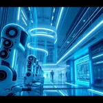 A futuristic technological progress scene showing advanced robotics, holographic data streams, and sleek modern architecture with glowing blue and silver accents, symbolizing innovation and advancement in technology, in a clean, high-detail digital art style