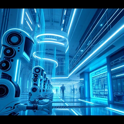 A futuristic technological progress scene showing advanced robotics, holographic data streams, and sleek modern architecture with glowing blue and silver accents, symbolizing innovation and advancement in technology, in a clean, high-detail digital art style