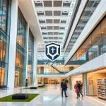 A modern university campus with sleek architecture, students collaborating in a high-tech lab, and a subtle emblem of 'TuVPoliteh' integrated into the design, conveying excellence and innovation in engineering education