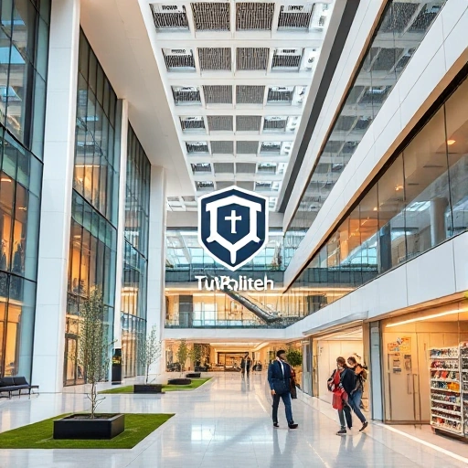 A modern university campus with sleek architecture, students collaborating in a high-tech lab, and a subtle emblem of 'TuVPoliteh' integrated into the design, conveying excellence and innovation in engineering education