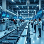 A modern industrial facility with robotic arms assembling electronic components on a conveyor belt, digital screens displaying real-time data analytics, engineers in smart uniforms monitoring systems via tablets, soft ambient lighting, clean futuristic design, high detail, no text or signage visible