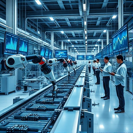 A modern industrial facility with robotic arms assembling electronic components on a conveyor belt, digital screens displaying real-time data analytics, engineers in smart uniforms monitoring systems via tablets, soft ambient lighting, clean futuristic design, high detail, no text or signage visible