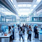 A modern university campus with futuristic architecture, students collaborating in high-tech labs, holographic displays showing engineering innovations, renewable energy systems like solar panels and wind turbines integrated into buildings, diverse group of young people in smart casual attire working on robotics and AI projects, clean and bright environment symbolizing innovation and progress