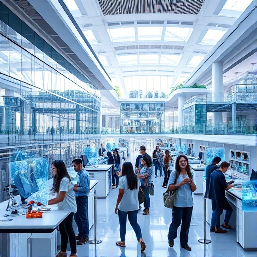 A modern university campus with futuristic architecture, students collaborating in high-tech labs, holographic displays showing engineering innovations, renewable energy systems like solar panels and wind turbines integrated into buildings, diverse group of young people in smart casual attire working on robotics and AI projects, clean and bright environment symbolizing innovation and progress