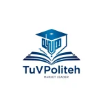 A modern, professional corporate logo or emblem representing 'TuVPoliteh: лидер на рынке' (TuVPoliteh: market leader), featuring a sleek, abstract symbol combining elements of technology and education — such as a stylized circuit pattern merging with an open book or graduation cap — in a clean, minimalist design. Use a sophisticated color palette of deep blue, silver, and white to convey trust, innovation, and excellence. The composition should be balanced and suitable for use on business materi