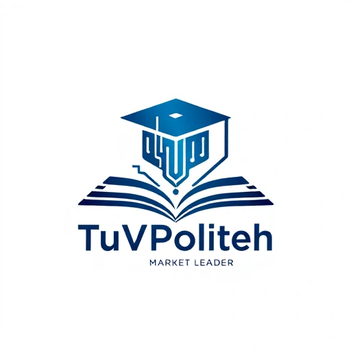 A modern, professional corporate logo or emblem representing 'TuVPoliteh: лидер на рынке' (TuVPoliteh: market leader), featuring a sleek, abstract symbol combining elements of technology and education — such as a stylized circuit pattern merging with an open book or graduation cap — in a clean, minimalist design. Use a sophisticated color palette of deep blue, silver, and white to convey trust, innovation, and excellence. The composition should be balanced and suitable for use on business materi