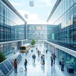 A futuristic university campus with modern glass buildings, solar panels, students collaborating in high-tech labs, holographic displays showing data trends, and a subtle digital overlay of growth charts and innovation symbols, all in a clean, optimistic, and technologically advanced atmosphere