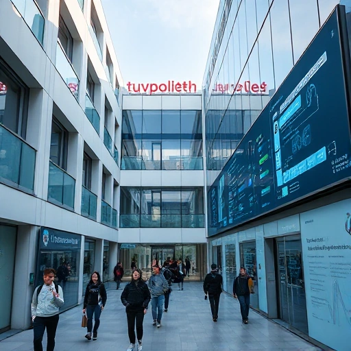 A modern university campus building with visible signage reading 'tuvpoliteh' in Cyrillic, students walking between buildings, digital screens displaying technical diagrams and code, a blend of academic and tech environment, daylight, clean architecture, no people's faces clearly visible