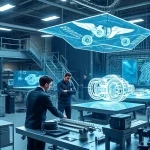 A futuristic engineering workshop with intricate mechanical designs, glowing blueprints floating in the air, engineers in sleek modern attire collaborating around holographic models of advanced machinery, soft ambient lighting, precision tools on metallic workbenches, subtle industrial elegance, no text or letters visible