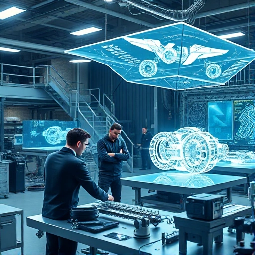A futuristic engineering workshop with intricate mechanical designs, glowing blueprints floating in the air, engineers in sleek modern attire collaborating around holographic models of advanced machinery, soft ambient lighting, precision tools on metallic workbenches, subtle industrial elegance, no text or letters visible