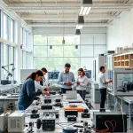 A modern university laboratory setting with students and professors engaged in practical engineering projects, including hands-on work with machinery, circuit boards, and 3D printers, bright natural lighting, collaborative atmosphere, realistic details, educational environment