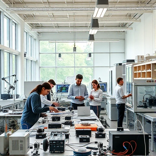 A modern university laboratory setting with students and professors engaged in practical engineering projects, including hands-on work with machinery, circuit boards, and 3D printers, bright natural lighting, collaborative atmosphere, realistic details, educational environment