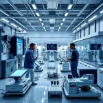 A modern research and development facility with engineers and scientists collaborating on advanced technology projects, featuring futuristic equipment, digital displays, and innovative prototypes in a sleek, high-tech environment