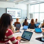 A modern classroom with diverse students using laptops and tablets, interactive smartboard displaying educational content, bright natural lighting, contemporary furniture, technology-integrated learning environment, subtle university branding in background, focus on active and collaborative learning