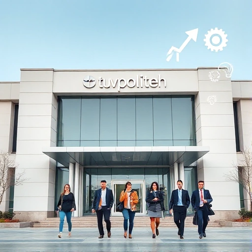A modern educational institution building with a clean, professional design, featuring a prominent sign reading 'tuvpoliteh' in a sleek font, surrounded by students and faculty in business-casual attire walking confidently, with subtle icons of growth (upward arrows, lightbulbs, gears) integrated into the architecture or background, conveying advantages and benefits of the institution — all in a minimalist, high-quality visual style