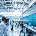 A modern university campus with advanced technology labs, students using VR headsets and robotics, sleek futuristic architecture with glass and steel, digital displays showing data streams, solar panels on rooftops, clean and bright environment, no text or signs visible