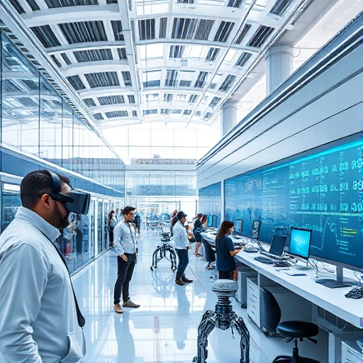A modern university campus with advanced technology labs, students using VR headsets and robotics, sleek futuristic architecture with glass and steel, digital displays showing data streams, solar panels on rooftops, clean and bright environment, no text or signs visible