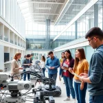 A modern university campus with students collaborating on innovative engineering projects, showcasing robotics, renewable energy systems, and digital design labs, bright daylight, detailed architecture, vibrant but professional atmosphere