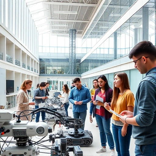 A modern university campus with students collaborating on innovative engineering projects, showcasing robotics, renewable energy systems, and digital design labs, bright daylight, detailed architecture, vibrant but professional atmosphere