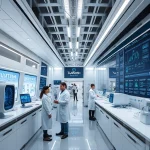 A modern scientific research and development facility with sleek laboratories, advanced equipment, scientists in white coats collaborating, digital displays showing data and schematics, subtle branding of 'TuVPoliteh' integrated into the architecture, clean futuristic design, soft natural lighting, high detail, professional atmosphere