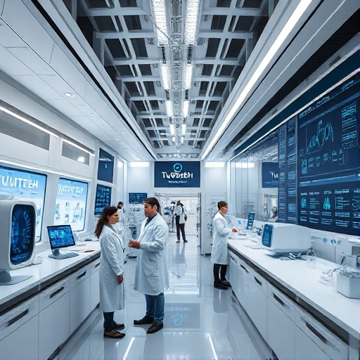 A modern scientific research and development facility with sleek laboratories, advanced equipment, scientists in white coats collaborating, digital displays showing data and schematics, subtle branding of 'TuVPoliteh' integrated into the architecture, clean futuristic design, soft natural lighting, high detail, professional atmosphere