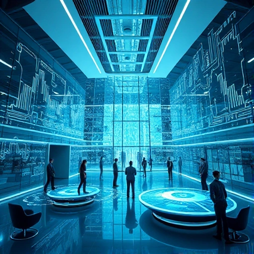 A futuristic technology hub with sleek modern architecture, glowing circuit patterns on glass walls, holographic displays showing data streams, engineers in smart uniforms collaborating around floating interfaces, soft blue and silver lighting, high-tech innovation atmosphere