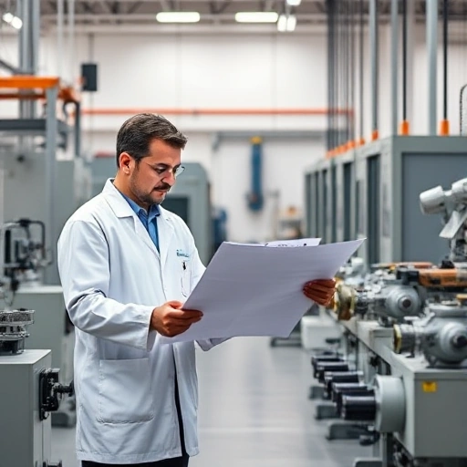 A modern engineering workshop with engineers in lab coats reviewing blueprints and operating advanced machinery, symbolizing technical improvement and process optimization, clean and professional environment, high detail, realistic lighting