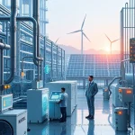 A modern, high-tech industrial facility showcasing advanced tuvpoliteh technologies, with sleek machinery, glowing energy-efficient systems, engineers in clean uniforms monitoring digital displays, and a background of sustainable energy sources like solar panels and wind turbines, all rendered in a clean, professional, and futuristic aesthetic
