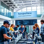 A modern university campus with students collaborating in a high-tech lab, featuring advanced robotics, digital screens displaying code and data, and a banner in the background reading 'tuvpoliteh: новые возможности' in Cyrillic, bright natural lighting, sleek architectural design, diverse group of young people engaged in innovation