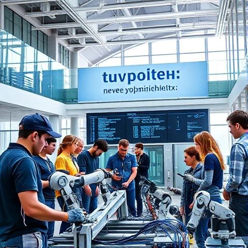 A modern university campus with students collaborating in a high-tech lab, featuring advanced robotics, digital screens displaying code and data, and a banner in the background reading 'tuvpoliteh: новые возможности' in Cyrillic, bright natural lighting, sleek architectural design, diverse group of young people engaged in innovation